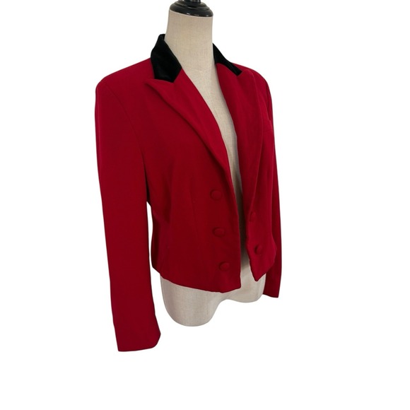 Vtg Lauren Ralph Lauren Red Cropped Blazer Open Front Petite Velvet Collar - Picture 2 of 10